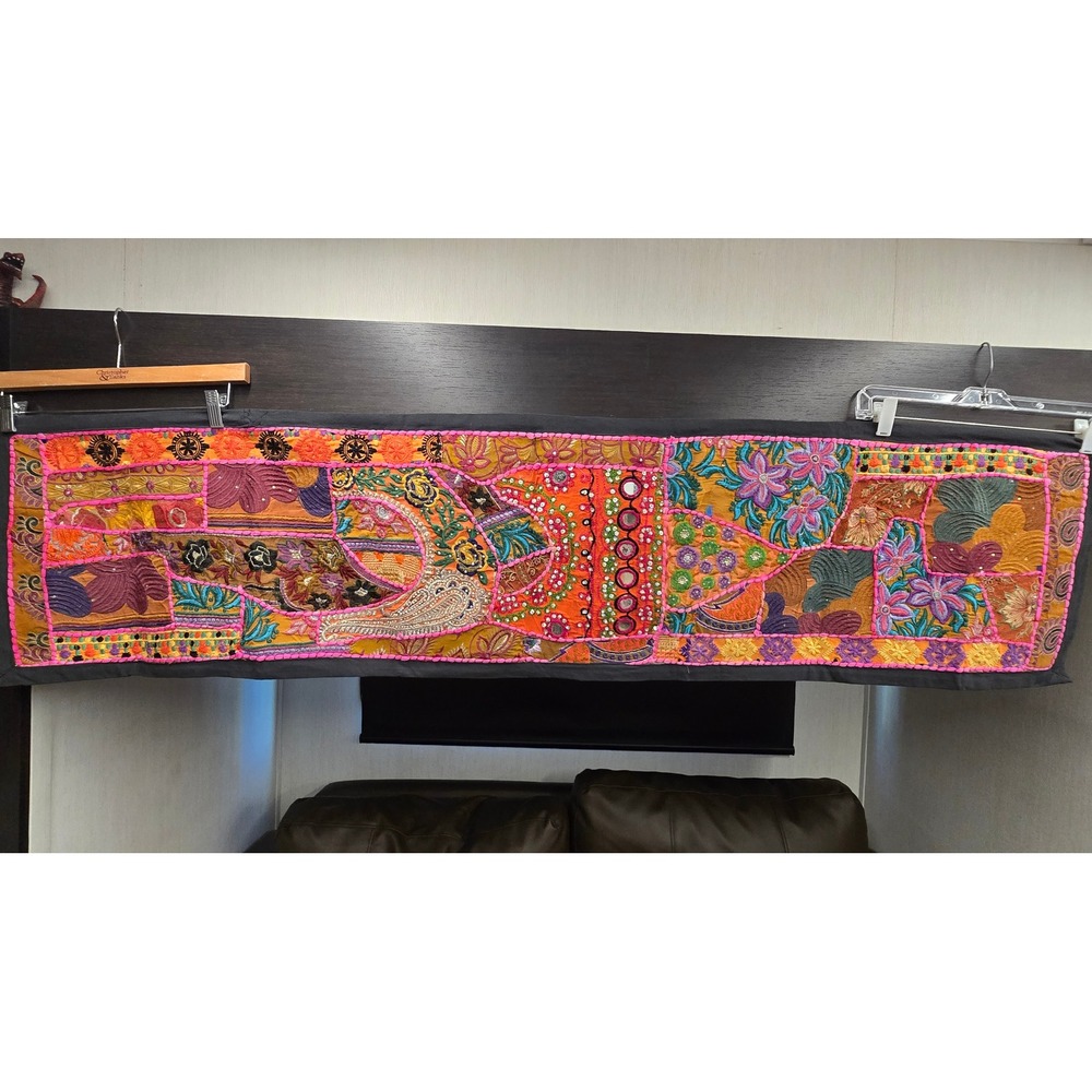 Vintage Indian Patchwork Wall Hanging Mirror Work Shisha Embroidery Boho Textile